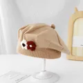 Knitted beige pumpkin beret for kids featuring handmade crochet flower accents - 2-6 Years Old (Stretchy) / Flower Khaki
