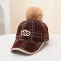 Checkered winter baseball cap with fur pompom and embroidered letters in deep red - Kids (48-54CM) / ALLO Wine Red Plaid