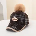 Winter kids plaid baseball cap with large plush pompom and Boston style allo patch - Kids (48-54CM) / ALLO Grey Coffee Plaid