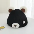 Detail of cute bear ears and plush snout on a black knit winter beanie for kids - 2-7 Years / Dusty Pink