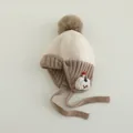 Toddler winter knit hat in beige and white with pompom and cute puppy patch - Beige / 1-3 Years