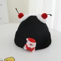 Winter kids black knit hat with red pom-poms and cute Santa Claus patch for ages 2-7 - One Size / Black