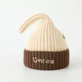 Close-up of thick knit winter hat for kids with bicolor design and NICE embroidery - Beige/Brown