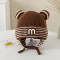 Dark brown baby knit hat with bear ears and M patch and chin straps for winter warmth - 3-6 Years / M Series / Dark Coffee