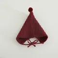 Cute dark red pointed baby knitted hat with pompom and chin ties for autumn winter warmth - Red Pom Pom Decor Style / Burgundy