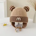 Striped baby knit hat with bear ears and M letter patch in beige and brown - 3-6 Years / M Series / Light Khaki