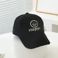 Detail of happy smile embroidery on black corduroy and fleece texture baseball cap - Kids 3-8 Years 50-54CM / Black