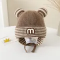 Brown knit baby beanie with cute bear ears and white m letter patch in soft ribbed fabric - 3-6 Years / M Series / Dark Khaki