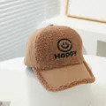 Detailed view of kids corduroy baseball cap with Happy smiley face embroidery and textures - Kids 3-8 Years 50-54CM / Light Coffee