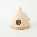 Beige ribbed knit infant beanie with Lucky bear patch and brown rolled brim - 3-8 Years (Elastic) / Beige