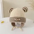 Beige striped baby knitted winter hat with cute bear ears and protective ear flaps - 3-6 Years / BEAR Series / Beige