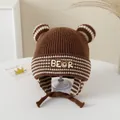 Brown knit baby winter hat with cute ears and warm earflaps featuring bear patch - 3-6 Years / BEAR Series / Dark Coffee
