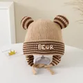 Baby winter knit trapper hat in khaki and brown stripes with bear ears and chin strap - 3-6 Years / BEAR Series / Light Khaki