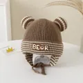 Brown knit baby winter hat with striped edges, cute bear ears and earflaps - 3-6 Years / BEAR Series / Dark Khaki