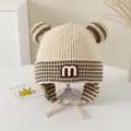 Beige and brown striped baby knit hat with cute bear ears and m patch detail - 3-6 Years / M Series / Beige