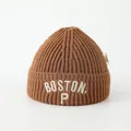 Close-up of brown knit beanie featuring white BOSTON 3D embroidery and thick rib texture - Kids 3-8 Years Old (Elastic) / Coffee