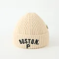 Close-up of Boston P embroidery on thick ribbed knit beanie with cream wool texture - Kids 3-8 Years Old (Elastic) / Beige