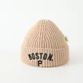 Detail of beige knit beanie with Boston P embroidery and soft ribbed texture for kids - Kids 3-8 Years Old (Elastic) / Khaki