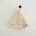 Cream knit baby elf hat with red pompom and chin straps for winter warmth - Red Pom Pom Decor Style / Beige