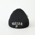 Close-up of black knitted beanie featuring beige BOSTON and P letter embroidery - Kids 3-8 Years Old (Elastic) / Black