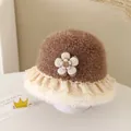 Brown fleece winter bucket hat with white lace trim and floral plush decoration - 52cm / Sun Flower / Brown