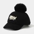 Winter faux shearling baseball cap for kids with a large pompom and Urban lettering - 3-6 Years (50-52cm) / Black