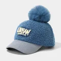 Detail of blue faux lamb wool baseball cap with fluffy pompom and velvet brim texture - 3-6 Years (50-52cm) / Blue