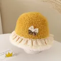Sweet yellow plush bucket hat for children with lace trim and bow knot detail - 52cm / Bowknot Style / Yellow