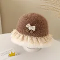 Brown plush bucket hat for children with white lace trim and a delicate bow detail - 52cm / Bowknot Style / Brown
