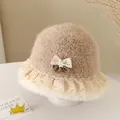 Winter plush baby fisherman hat in light beige with lace trim and bow decoration - 52cm / Bowknot Style / Khaki