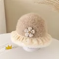 Beige plush winter bucket hat for babies featuring lace trim and a floral knit button accent - 52cm / Sun Flower / Khaki