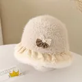 Winter plush beige baby bucket hat with delicate lace trim and striped bow detail - 52cm / Bowknot Style / Beige