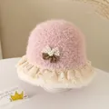 Sweet pink plush bucket hat for babies featuring lace trim and a brown polka dot bow - 52cm / Bowknot Style / Pink