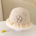 Creamy white plush fisherman hat for kids with delicate lace trim and floral detail - 52cm / Sun Flower / Beige