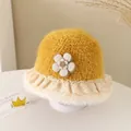 Yellow faux fur baby fisherman hat with white lace trim and smiling flower detail - 52cm / Sun Flower / Yellow