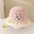 Pink plush baby bucket hat with white lace trim and floral wooden button detail - 52cm / Sun Flower / Pink