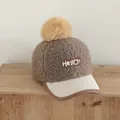 Kids warm teddy fleece baseball cap in dark brown with fuzzy pompom and Hello patch - 50-54cm / Brown