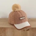 Kids warm winter baseball cap in dark brown fleece with fluffy pompom and Hello patch - 50-54cm / Light Coffee