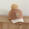 Winter children baseball cap in brown fleece with a pom-pom and cute bear embroidery - 50-54cm / Light Coffee