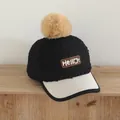 Winter kids baseball cap in black faux shearling with pompom and Hello patch - 50-54cm / Black