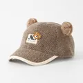 Detailed macro of kids brown plush baseball cap with 3D ears and bear patch - 1-3 Years Old Toddlers / Brown