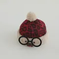 Detail of red leopard print baby winter hat with plush pom-poms and glasses decor - Toddler 1-4 Years (Around 50cm) / Single Pom Pom Jujube Red