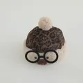Close-up of fluffy leopard print kids hat with decorative glasses and plush pom-poms - Toddler 1-4 Years (Around 50cm) / Single Pom Pom Dark Brown