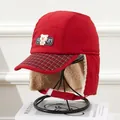 Kids red thermal earflap hat with bear patch and fleece lining for winter windproof protection - Kids (5-12 Years) / Wine Red