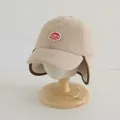 Beige fleece winter baseball hat with ear flaps and embroidery for kids age 2-6 - One Size (Approx. 2-6y) / Khaki