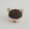 Winter baby leopard print hat with white pom-poms and traditional red Fu character tag - Fortune Patch / Coffee (Fortune)