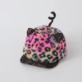 Detail view of colorful leopard print baby plush hat with cute ears and curled tail decoration - One Size (46-50cm) / Colorful Leopard Print