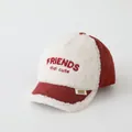 Kids warm lamb wool baseball cap in red and white patchwork with letter embroidery - 48-52cm / Friends Embroidery (Style A) / Burgundy