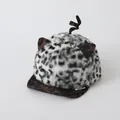 Detail of leopard print plush baby hat with cat ears and a soft brown brim - One Size (46-50cm) / White Leopard Print