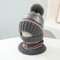 Winter knit hat and neck warmer set for children with gray pom-pom and snowflake patterns - Kids Ages 3-8 Stretchy / Light Gray